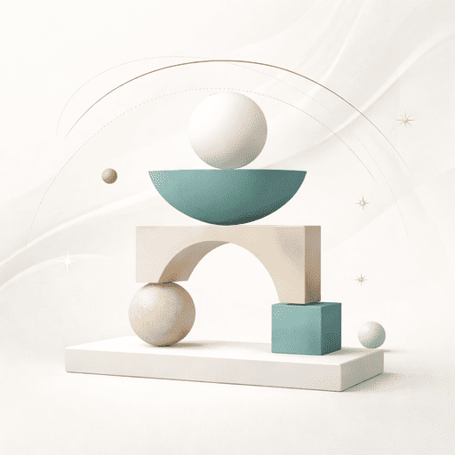Abstracte visualisatie van interne structuur en balans Abstracte compositie met geometrische vormen in zachte neutrale tinten, waarin balans, structuur en stabiliteit visueel samenkomen. De afbeelding ondersteunt de positionering van Aurora Integral Consultancy als een methodologie die zich richt op interne structuur, evenwicht en professionele draagkracht.