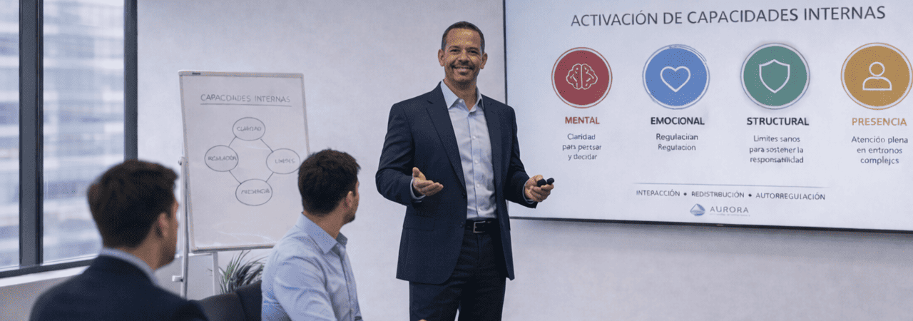 Activatie van interne capaciteiten in een professionele omgeving Professionele presentatie in een vergaderruimte waarin een spreker interne capaciteiten en systeemactivatie uitlegt aan twee deelnemers. De afbeelding ondersteunt het thema activatie, met focus op het gericht inschakelen van onderbenutte capaciteiten en het herstellen van evenwicht binnen een professionele context.