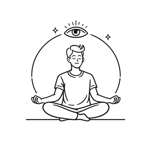Bewustzijn visueel weergegeven Minimalistische lijnillustratie van een persoon in meditatieve houding, omringd door subtiele symbolen van rust en aandacht. De afbeelding verbeeldt de dimensie bewustzijn en staat voor waarneming, aanwezigheid en intern inzicht.