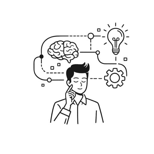 Cognitieve capaciteit visueel weergegeven Minimalistische lijnillustratie van een persoon in denkende houding, omringd door symbolen van een brein, een lamp en een tandwiel. De afbeelding staat voor cognitieve processen zoals denken, inzicht, analyse en besluitvorming.