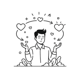 Emotionele capaciteit visueel weergegeven Minimalistische lijnillustratie van een persoon met open handen, omringd door harten en zachte symbolen. De afbeelding verbeeldt de emotionele dimensie en staat voor gevoel, innerlijke beleving en de manier waarop emoties worden waargenomen en verwerkt.