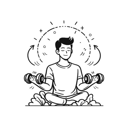 Fysieke capaciteit visueel weergegeven Minimalistische lijnillustratie van een persoon in meditatieve houding met gewichten in beide handen. De afbeelding verbeeldt de fysieke dimensie en staat voor lichamelijke draagkracht, spanning, regulatie en de manier waarop het lichaam druk opvangt en uitdrukt.