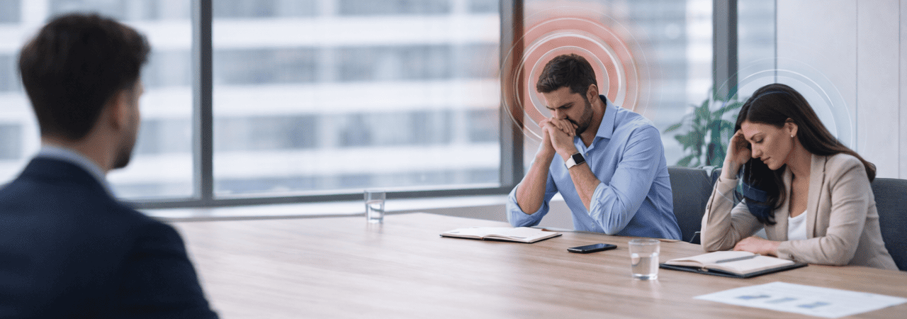 Identificatie van interne disbalans in een professionele context Zakelijke scène in een vergaderruimte waarin twee professionals zichtbaar onder druk staan tijdens een gesprek. De afbeelding verbeeldt de fase van identificatie, met aandacht voor interne disbalans, mentale belasting en het herkennen van signalen die wijzen op overbelasting of verminderde activatie.