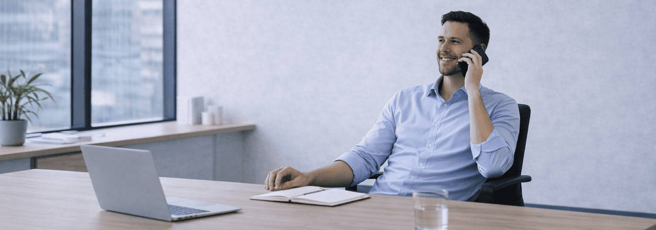 Integratie en duurzaam evenwicht in de professionele context Professionele werksituatie waarin een man ontspannen aan zijn bureau zit en telefoneert, met laptop en notitieboek binnen handbereik. De afbeelding verbeeldt integratie en duurzaam evenwicht, met nadruk op herstelde balans, stabiel functioneren en zelfregulatie binnen de werkomgeving.