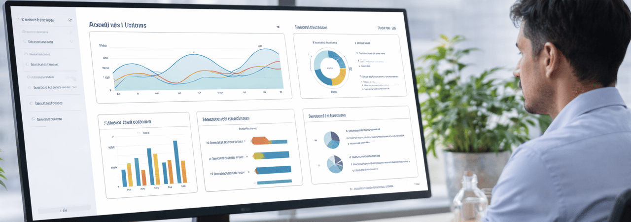 Monitoring en continuïteit binnen de Aurora-methodologie Professionele werksituatie waarin een persoon een digitaal dashboard met grafieken en analyses bekijkt op een groot scherm. De afbeelding ondersteunt het thema monitoring en continuïteit, met focus op gestructureerde opvolging, inzicht in signalen en duurzame toepassing binnen de professionele praktijk.