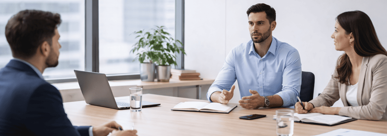 Observatie in een professionele gespreksomgeving Professioneel gesprek in een vergaderruimte waarbij drie personen met aandacht naar elkaar luisteren en informatie uitwisselen. De afbeelding ondersteunt het thema observatie binnen een zakelijke context, met focus op luisteren, analyseren en het zorgvuldig waarnemen van interacties.