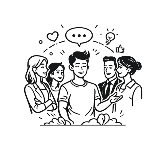 Sociale capaciteit visueel weergegeven Minimalistische lijnillustratie van meerdere personen die met elkaar in interactie zijn, omringd door symbolen zoals spraakballonnen en harten. De afbeelding verbeeldt de sociale dimensie en staat voor communicatie, interactie en gedrag binnen een professionele omgeving.
