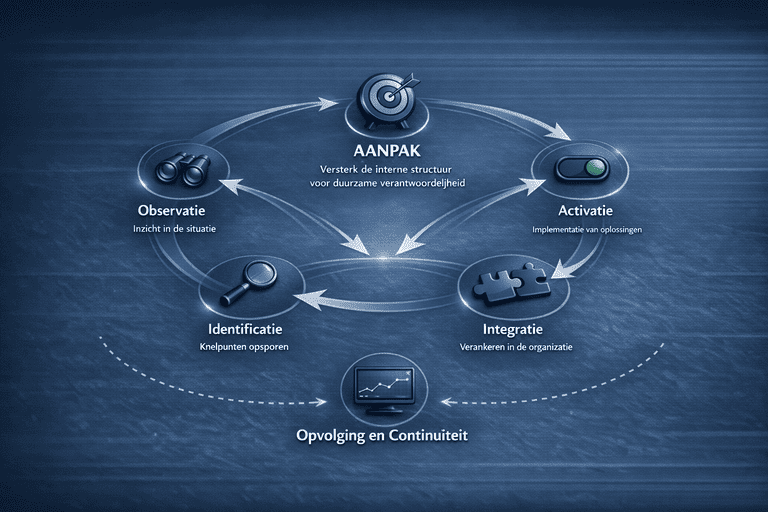 Visuele methodologie van Aurora Integral Consultancy Infografiek in blauwe tinten met een visuele methodologie van Aurora Integral Consultancy. De afbeelding toont een centrale cyclus met de stappen Observatie, Identificatie, Activatie en Integratie, verbonden met pijlen rond het centrale element Aanpak. Onderaan staat Opvolging en Continuïteit met een dashboard-icoon. De stijl is modern, professioneel en geschikt voor mobiel gebruik.