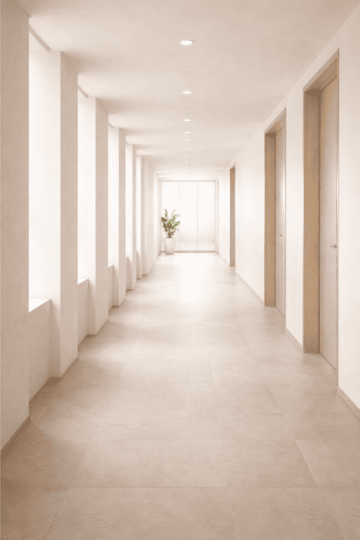 Lichte, minimalistische gang in een professionele omgeving met een rustige en gestructureerde uitstraling. De afbeelding ondersteunt het idee van helderheid, richting en organisatorische structuur binnen dienstverlening aan organisaties.